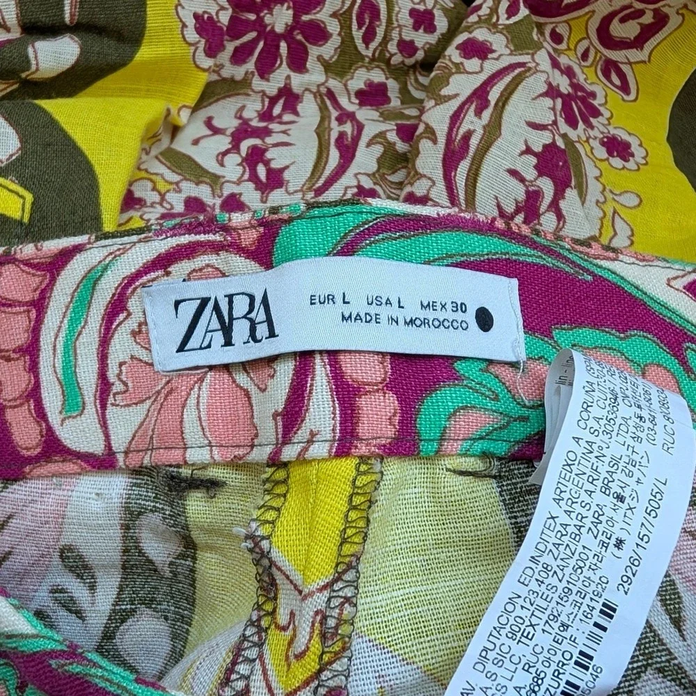 Zara Women Olive Green Pink Paisley Floral Scarf Print Linen Blend Pants L